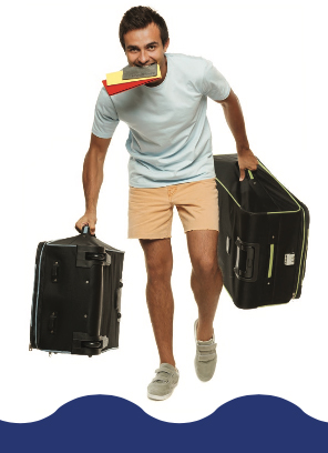 Man holding two suitcases in hand while carrying passport in his mouth
