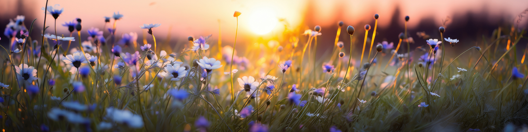 flowers and grass in a countryside at sunset time springtime