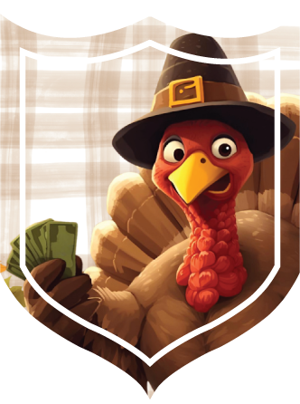 Happy turkey in pilgrim hat holding cash