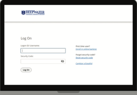 Computer screen displaying the Deepwater login page with fields for username and security code. Options for enrollment and code reset are on the right.